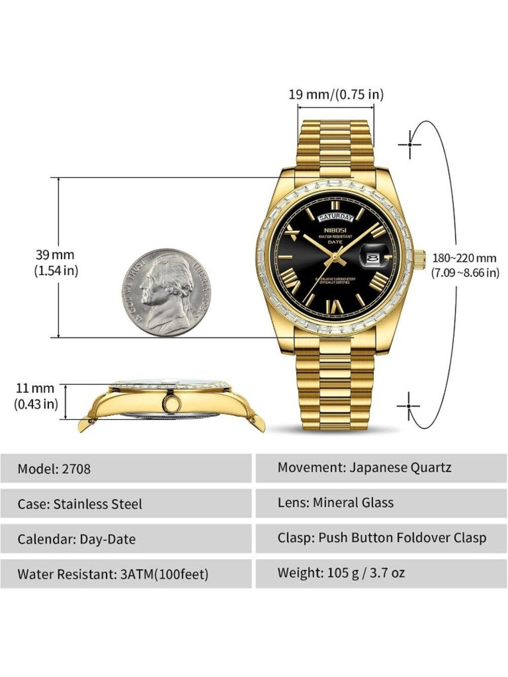 Nibosi Men's Gold Black Analog Quartz Diamond Bezel Stainless Waterproof Watch - Picture 3 of 6